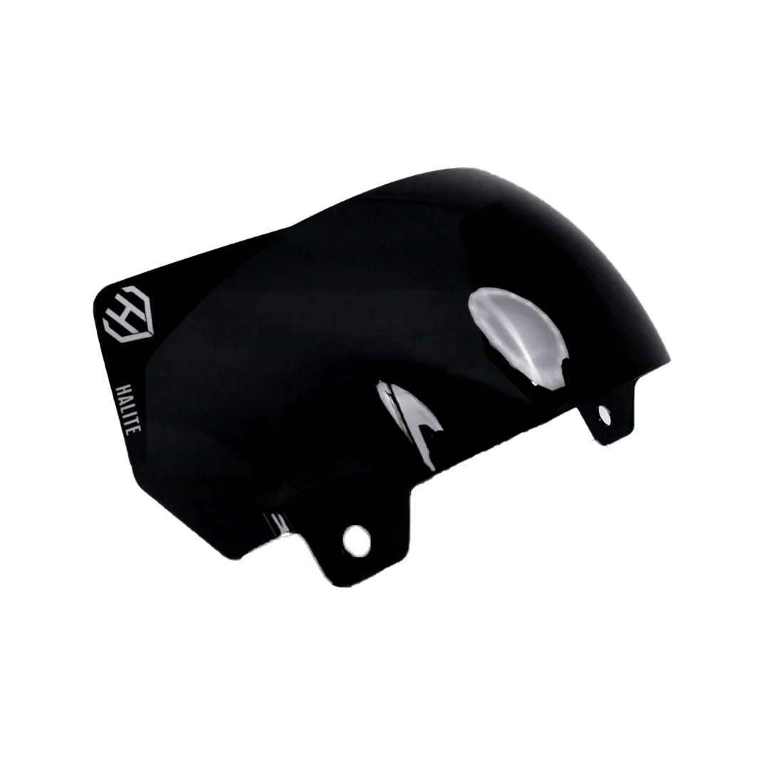 Black AERO Helmet Visor by The HALITE with panoramic bubble design, anti-fog coating, impact resistance, and secure fit for SpeedFlex and F7 helmets.
