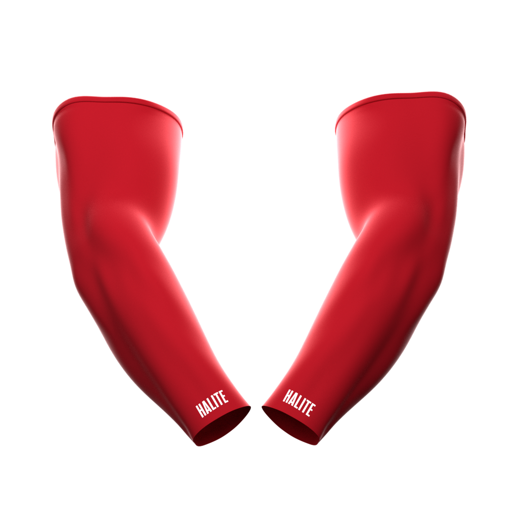 Red Delta arm sleeves designed for football players, providing a sleek, confident look for on-field performance.